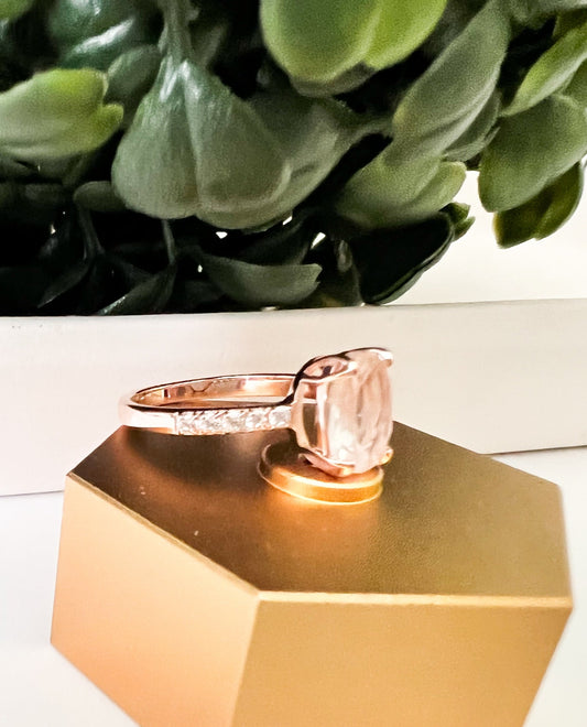Polished rose quartz and white topaz ring set in 14K rose gold vermeil