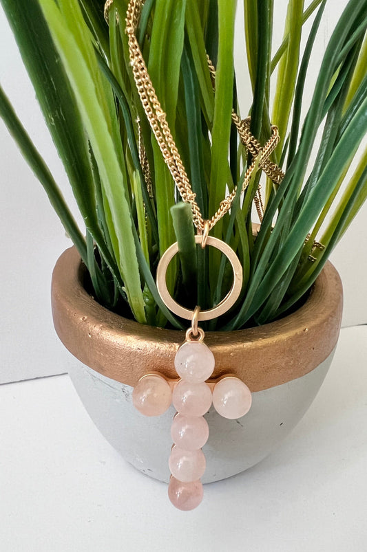 Gold and Semi-precious natural stone bead cross pendant necklace