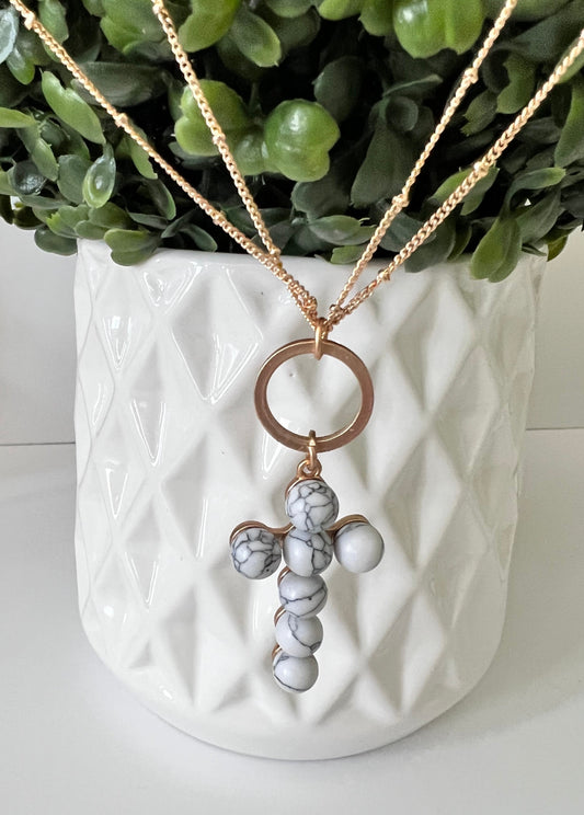 Gold and Semi-precious natural stone bead cross pendant necklace