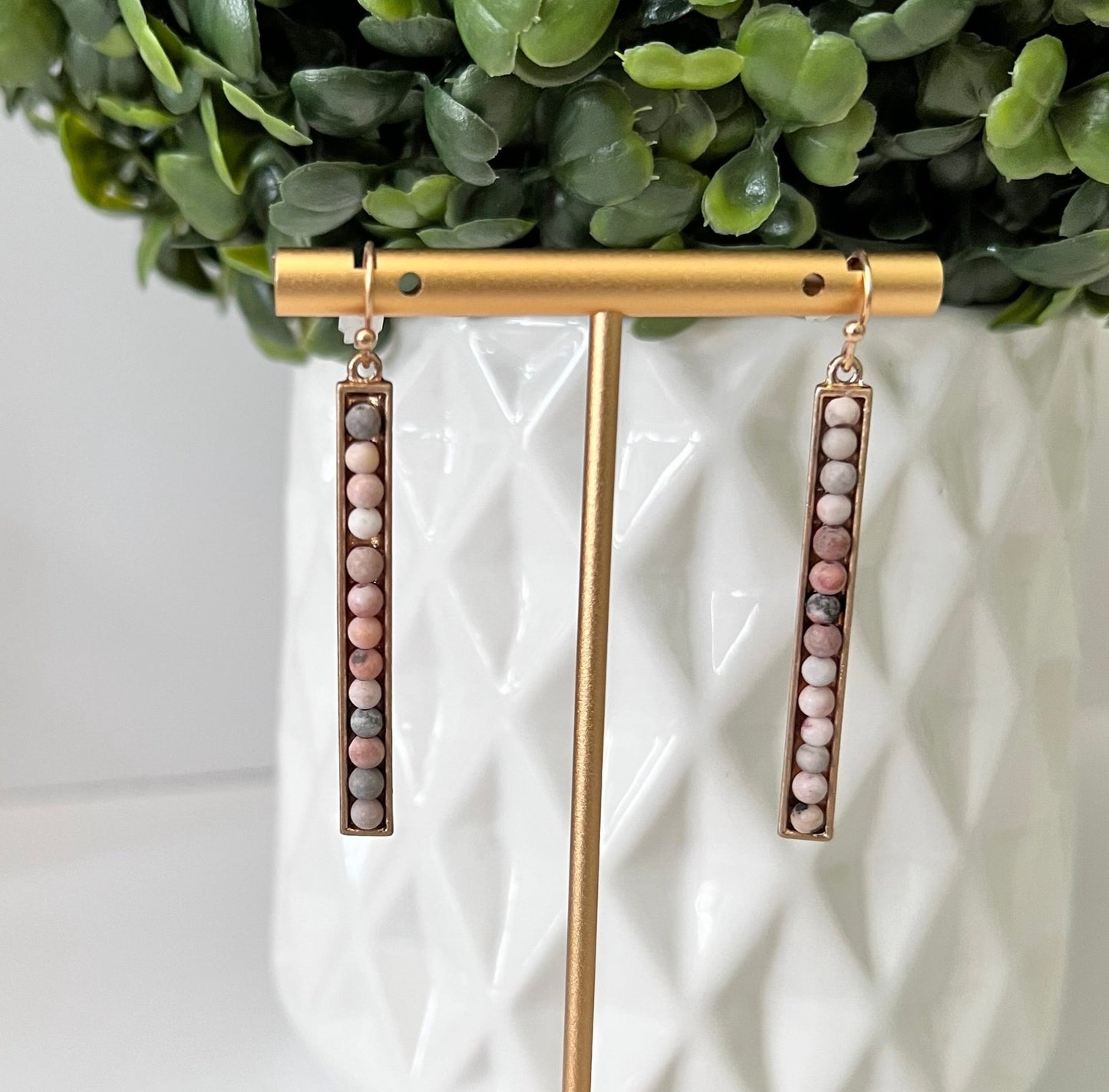 Pink zebra Semi-precious bead bar gold earrings