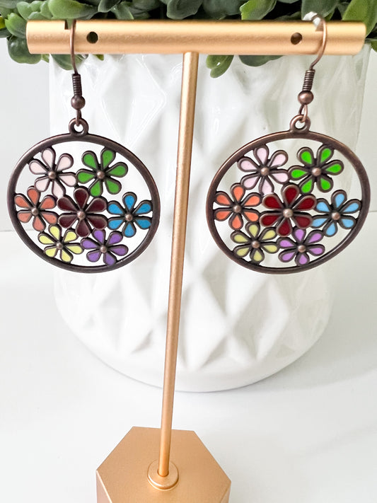 Antiqued Copper Multicolored Floral Earrings