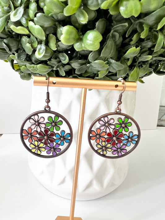 Antiqued Copper Multicolored Floral Earrings